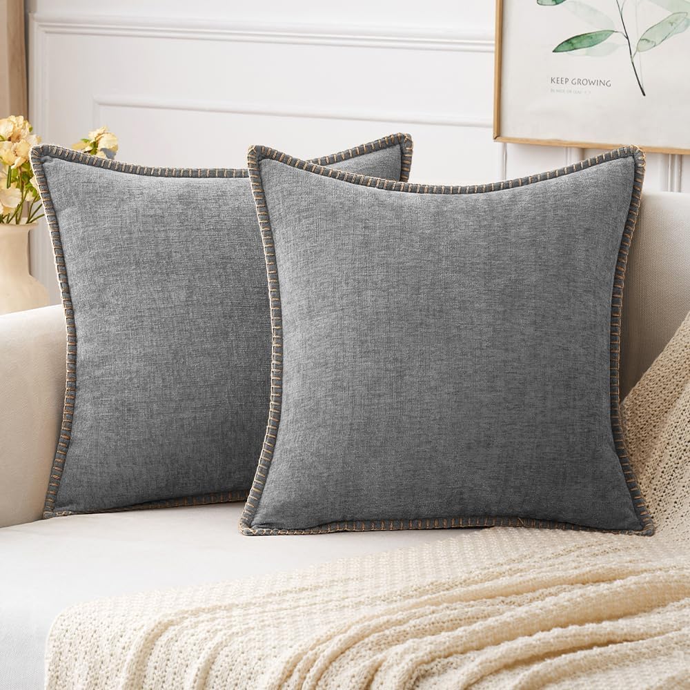 MIULEE Pack of 2 Couch Throw Pillow Covers 18x18 Inch Dark Gray Farmhouse Decorative Pillow Covers with Stitched Edge Soft Chenille Solid Dyed Spring Pillow Covers for Sofa Bed Living Room