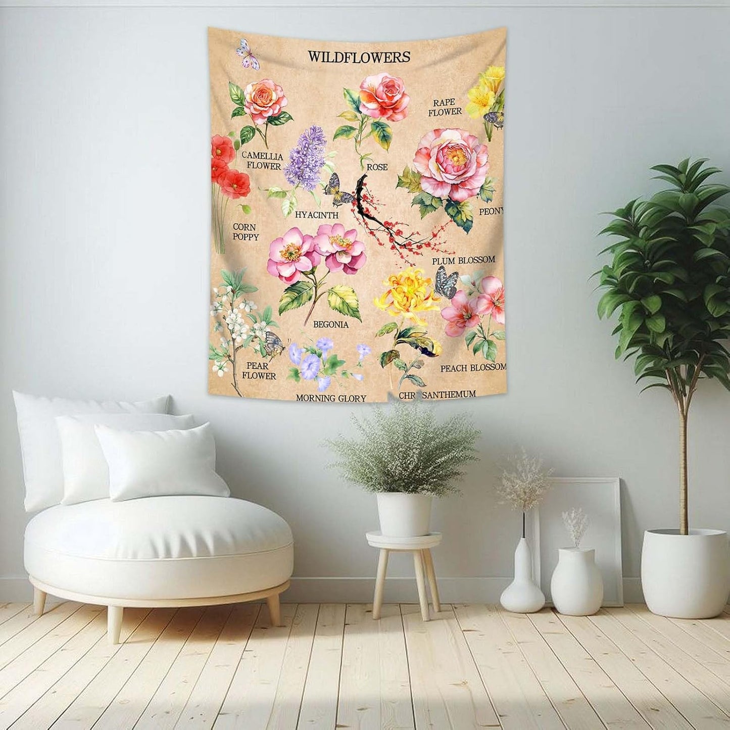 dueeia Vintage Floral Tapestry Wall Hanging Wildflowers Colourful Flower Boho Butterfly Tapestries for Bedroom Aesthetic Living Room Wall Decor (59.1"x51.2")