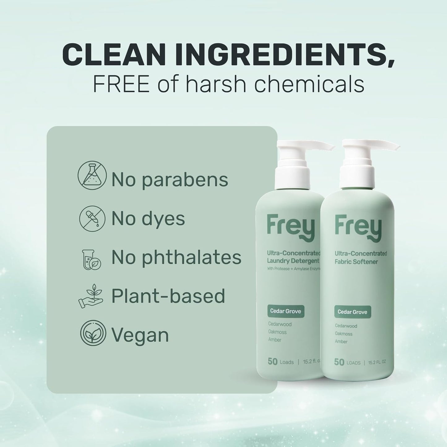 FREY Concentrated Liquid Laundry Detergent | Formulated for Sensitive Skin & HE Washers | Removes Stains Effectively | 50 Loads per Bottle (2-pack Cedar Grove)