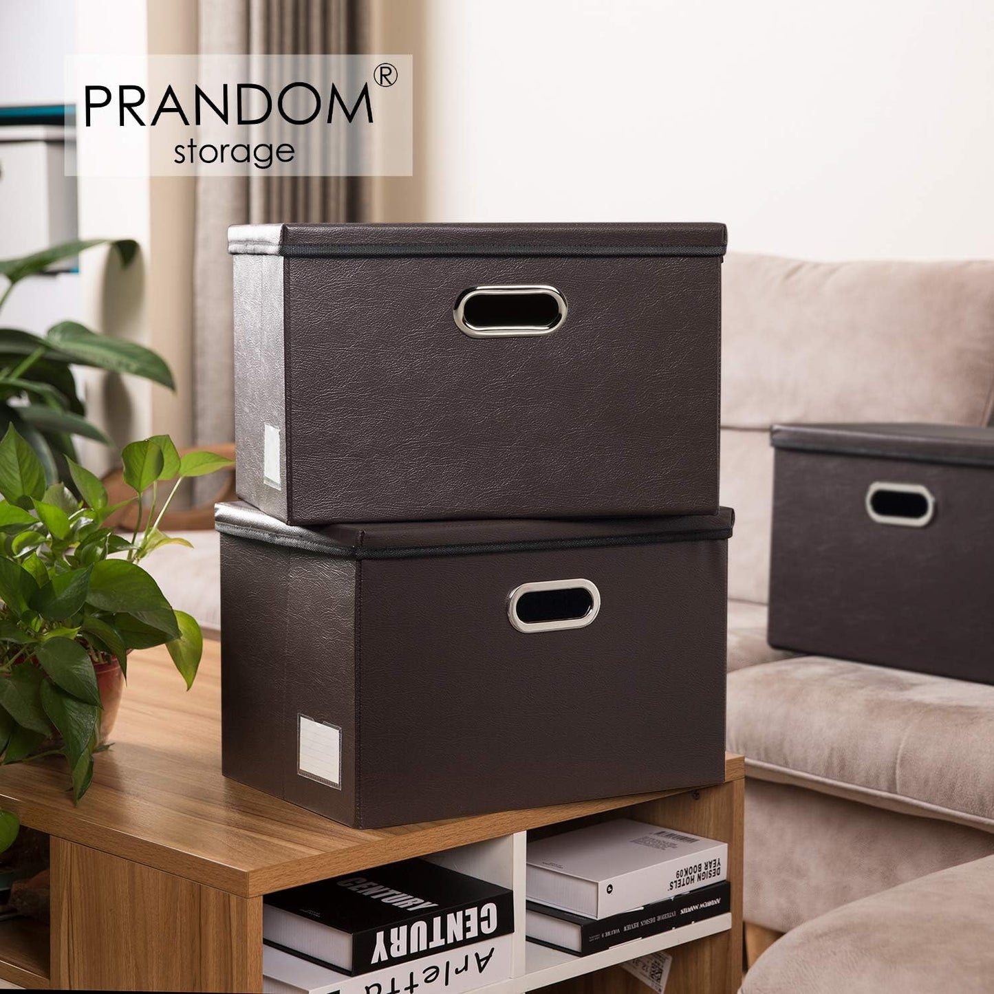 PRANDOM Large Foldable Storage Bins with Lids [3-Pack] Leather Fabric Collapsible Storage Boxes Organizer Containers Baskets Cube with Cover for Home Bedroom Closet Office Brown(17.7x11.8x11.8)