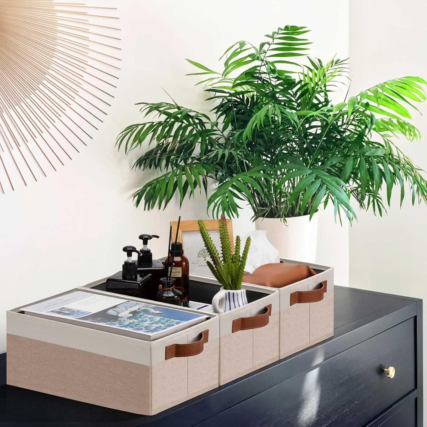 GhvyenntteS Small Fabric Storage Bins 6 Pack, 11.8" x 7.87" x 5.11" Storage Basket with Leather Handles, Closet Storage Bins for Shelves, Storage Baskets for Shelves, DVD Storage (Pink/White)