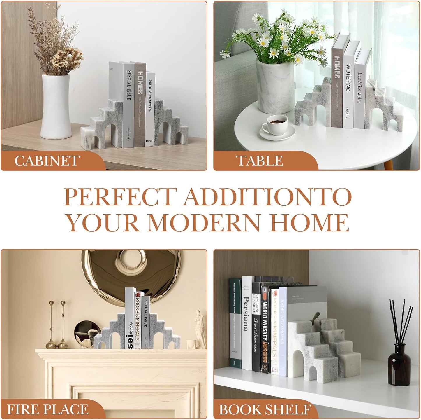 Natural Marble Book Ends for Shelves, Decorative Bookends for Heavy Books, CastleGuard Bookend Book Holder Stopper for Home Office Desk Bookshelf Decoration, Set of 2 (Mist Grey)