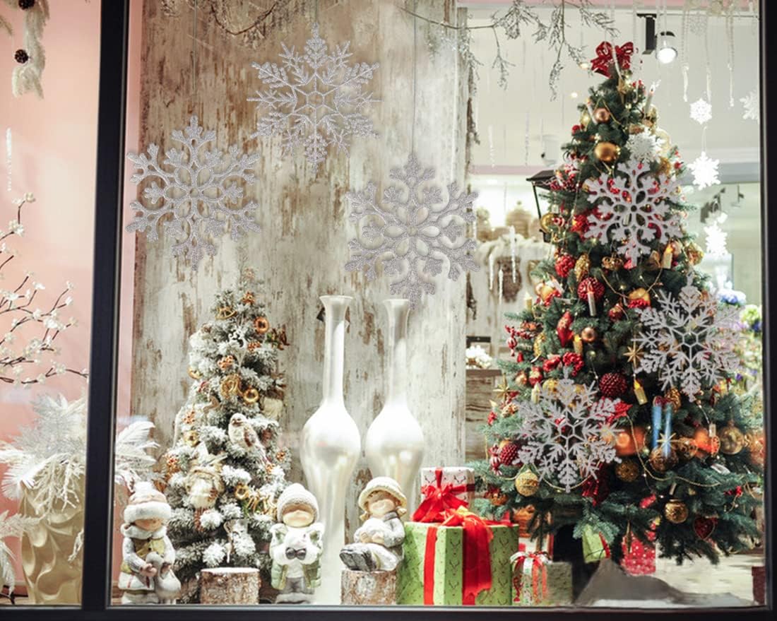6pcs Large Silver Snowflakes Ornaments 12” Big Plastic Glitter Snowflake for Winter Indoor Outdoor Christmas Tree Window Room Decorations Giant Craft Snowflakes