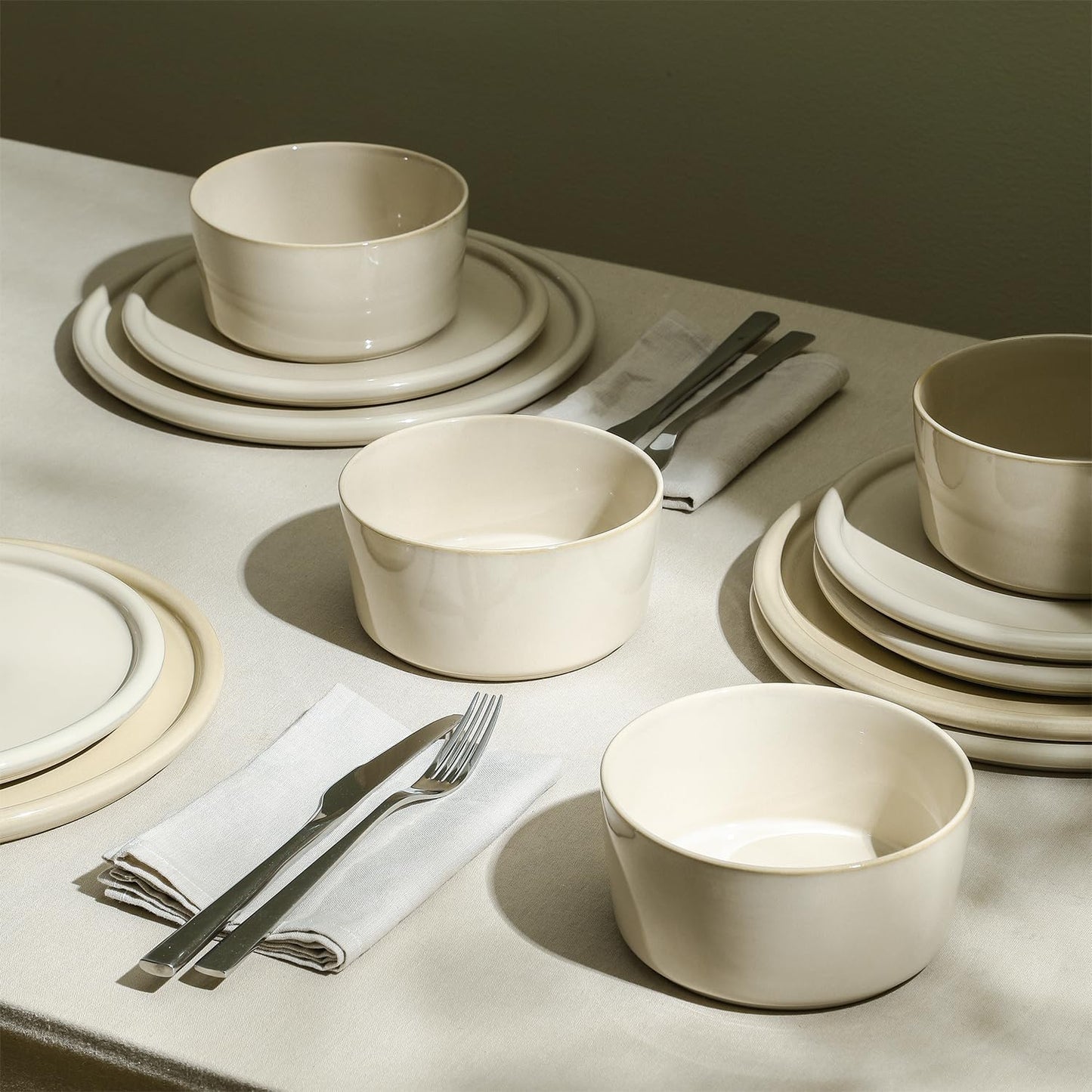 Stone Lain Eden 12-Piece Dinnerware Set Stoneware, Plates and Bowls Set, Dishwasher and Microwave Safe Dish, Dish Set for 4, Beige