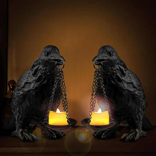 Raven Gothic Home Decor Fake Crow Light Holder Raven Lamp Tealight Candle Holder Resin Raven Statue 2PCS