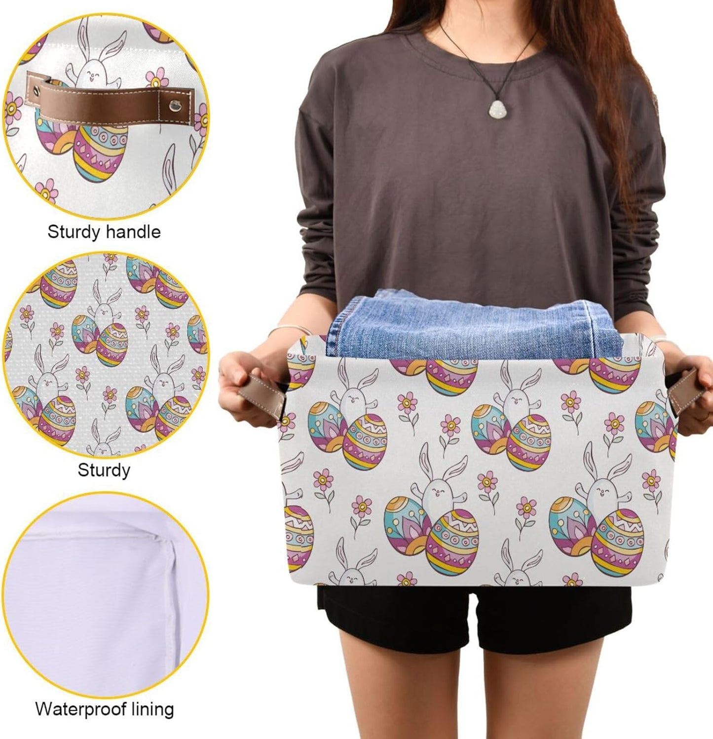 susiyo Easter Storage Basket with Handles, Cute Easter Rabbit Egg Large Foldable Fabric Collapsible Storage Bins Organizer Bag for Storage 2PACK