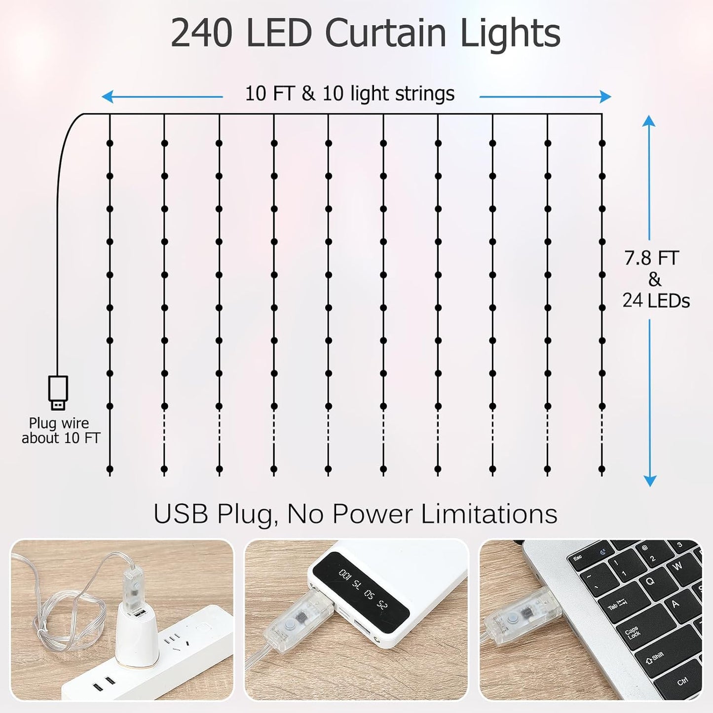 LED Curtain Lights, 9.8ft x 7.8ft 240 LED RGB Color Changing String Fairy Lights Curtain-Smart APP Control, Music & Voice Sync for Bedroom Backdrop Indoor Outdoor Christmas Decorations