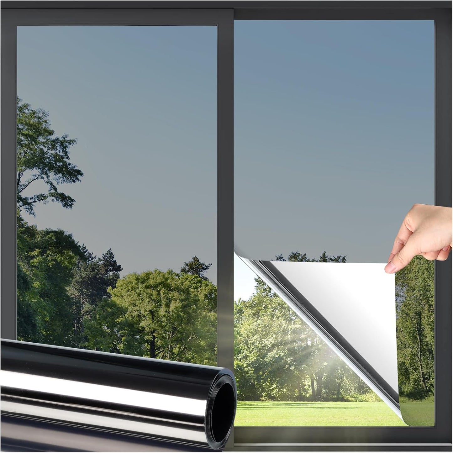 DOWELL Window Privacy Film, One Way Window Tint for Home, Static Cling Anti UV Sun Blocking Reflective Mirror Film, Heat Control See Out Not in Glass Tinting, Black Silver, 35.4" x 157.5"