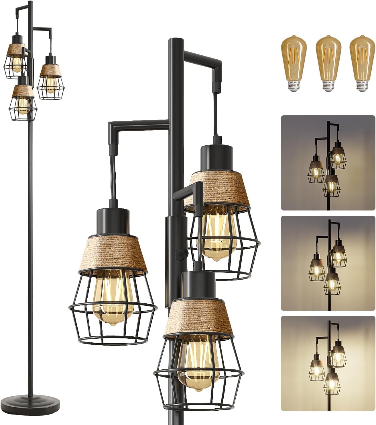 Oneach 68" Floor Lamps for Living Room, Stepless Dimmable Boho Floor Lamp with 3 Bulbs, Tall Farmhouse Industrial Corner Standing Tree Lamp for Bedroom, Office, Study Room, Dining Room, Black