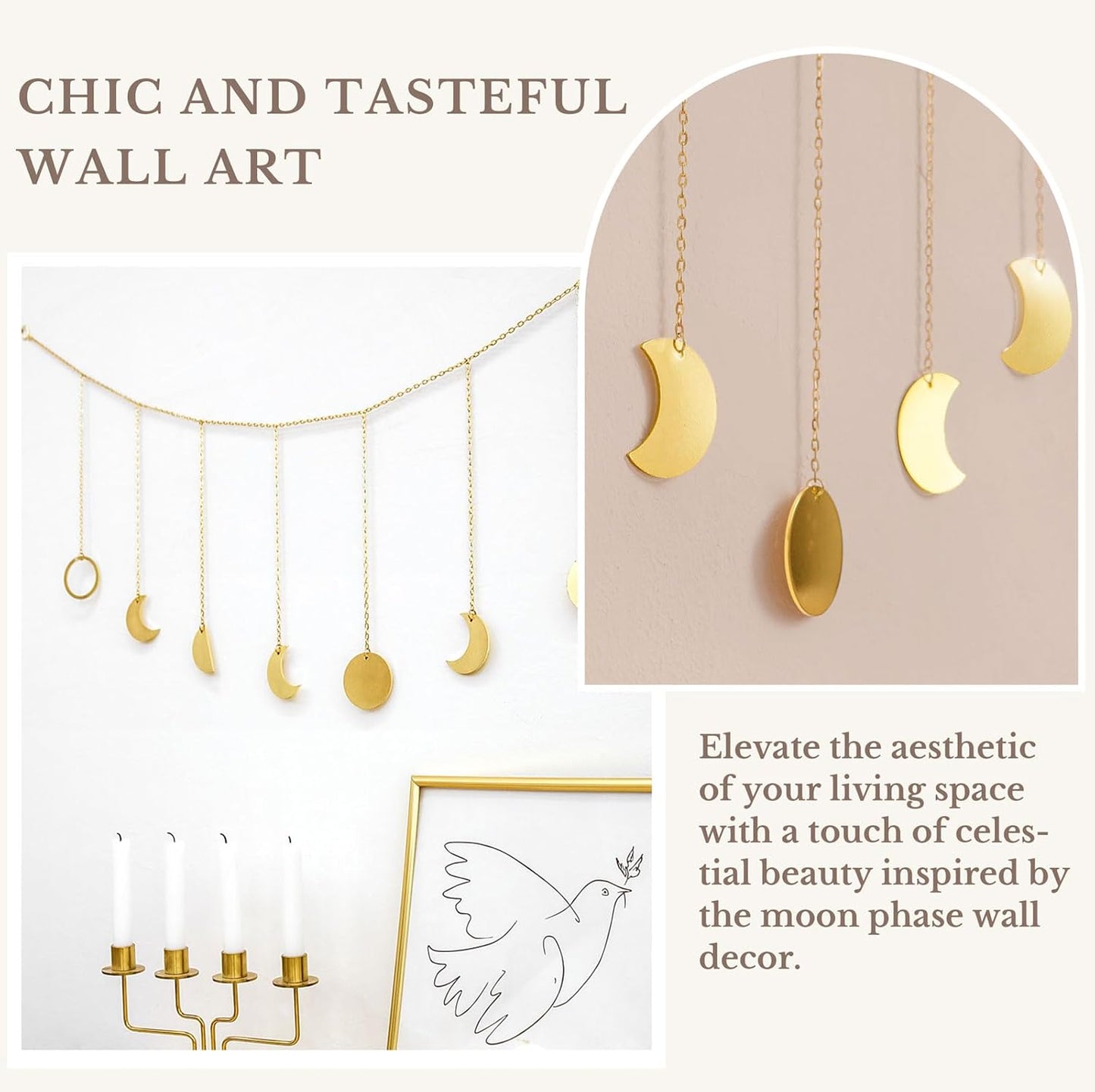 Mkono Moon Phase Wall Hanging Boho Aesthetic Room Decor Metal Moons Garland Hanging Art Bohemian Home Decoration for Girls Room Nursery Bedroom Livingroom Dorm, Ideal, Gold, 50"