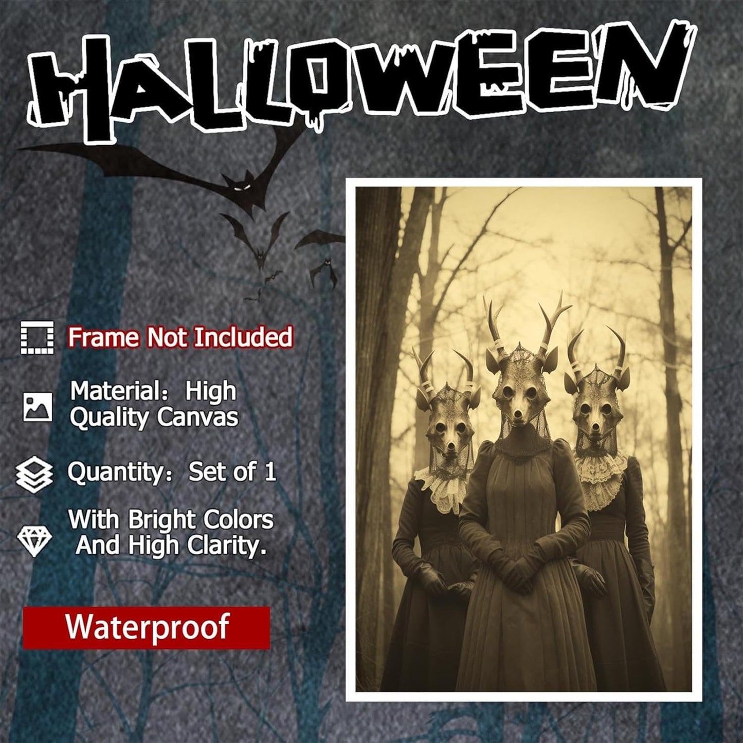 Vintage Horror Skeleton Spooky Three Skull In Occult Forest Posters Canvas Wall Art Poster Gothic Dark Academia Decor Creepy Print Retro Halloween Wall Decor 16X24inch Unframed