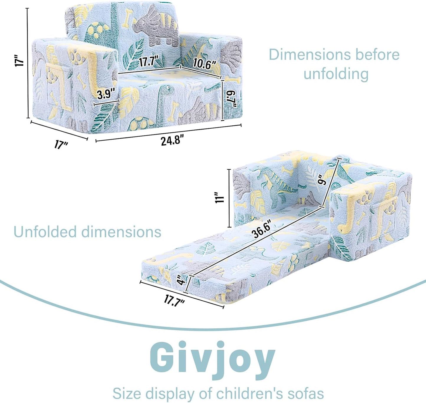 Toddler Chair Kids Couch, 2-in-1 Toddler Soft Sherpa Couch Fold Out Armchair Glow in The Dark with Removable Cover, Convertible Reading Chair Sofa for Kids, Plush Green Dinosaur