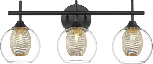Bathroom Light Fixtures, 3-Light Black and Gold Vanity Lights Over Mirror, Farmhouse Wall Sconce Lighting with Clear Glass and Honeycomb Metal Shade, AD-22001-3W-BK