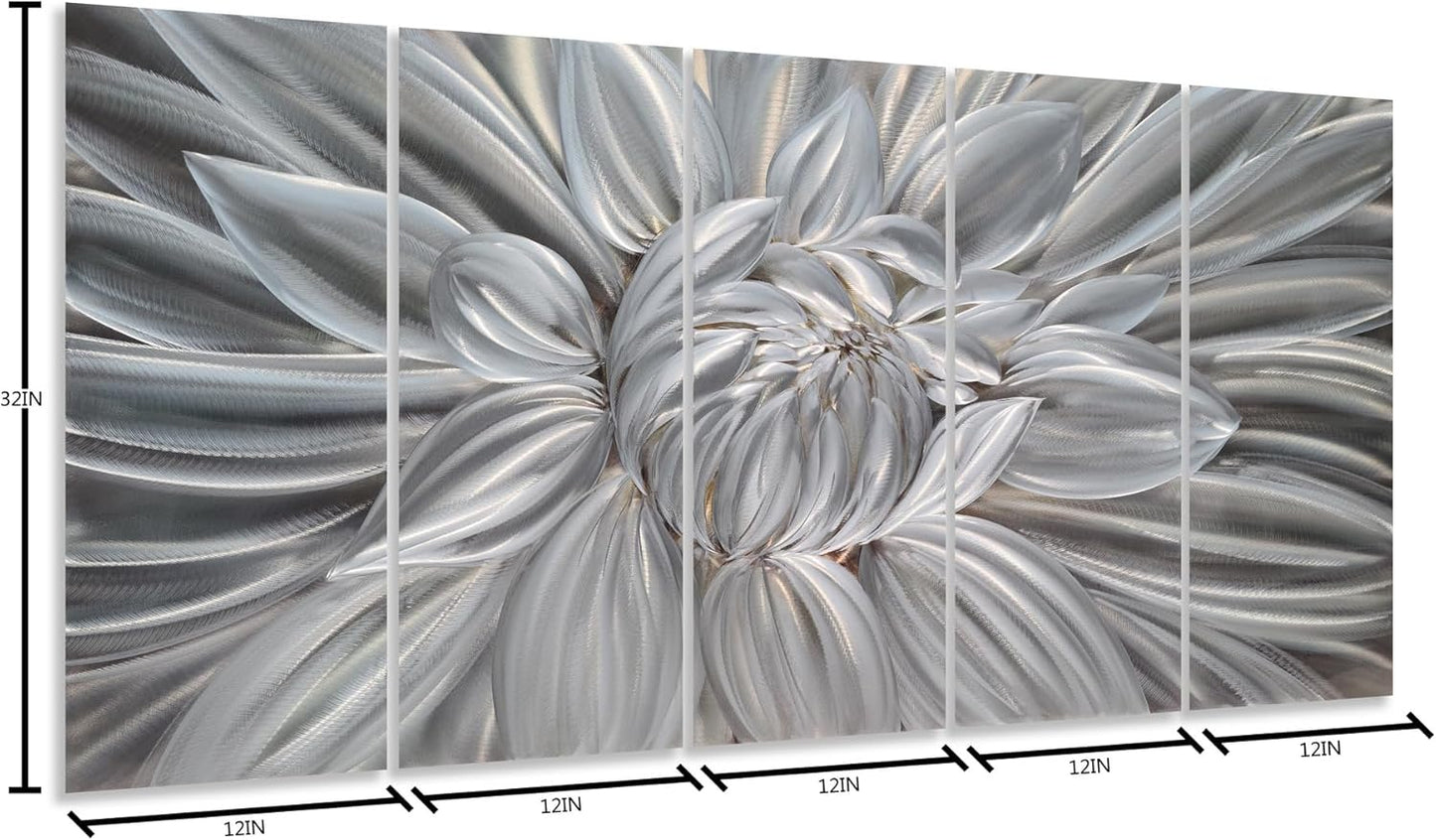 Yihui Arts Silver Metal Flower Wall Art, 5 Pieces Aluminum Artwork, Contemporary Botanical Sculpture for Living Room Bedroom Bathroom Decor