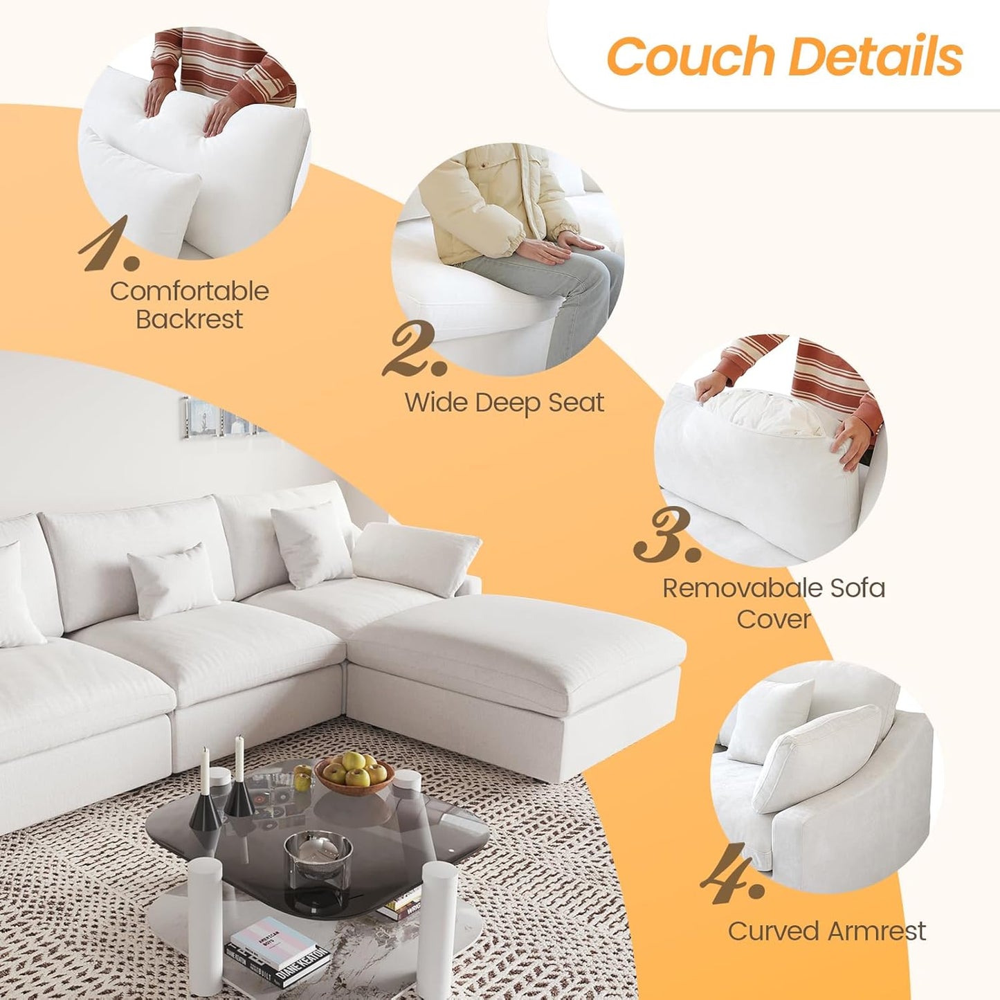 JACH Sectional Couches for Living Room, Cloud Sectional Couch with Deep Seat, Love Seat Modular Sofa with Chaise, Covers Removeable & Washable, Sofas Furniture for Living Room, White