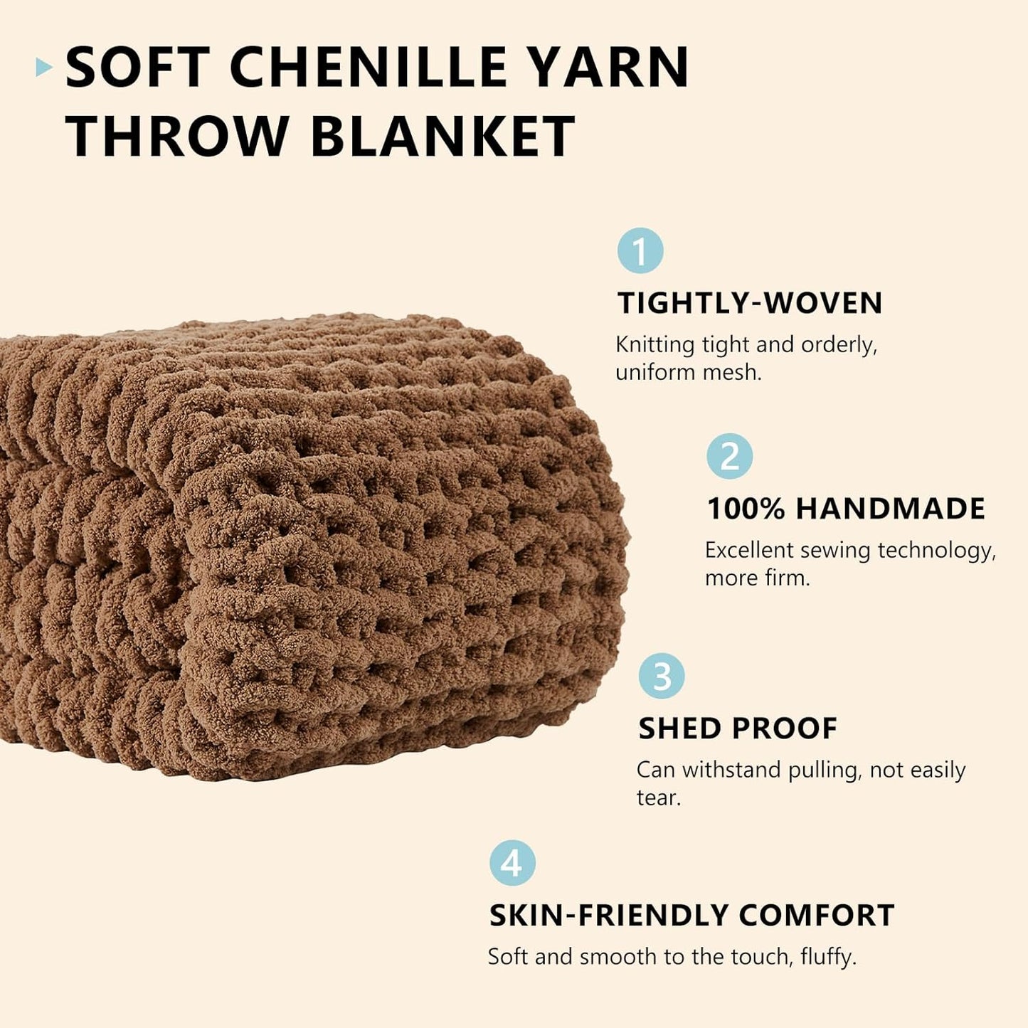 L'AGRATY Chunky Knit Blanket Throw: 72''x84'' Chenille Chunky Knitted Throw Blanket for Bed Couch - Handmade Thick Big Cable Knit Blanket - Large Chunky Crochet Rope Blanket for Home Decor(Brown)