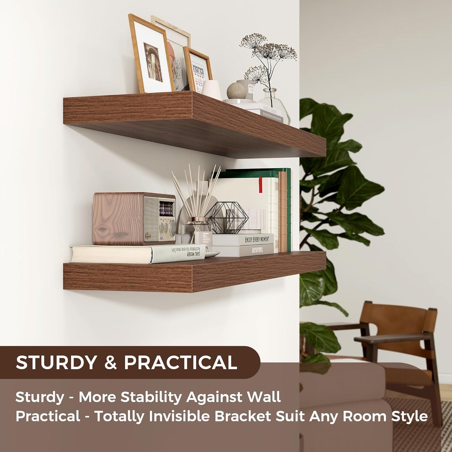 Floating Shelves - 2 Large Wall Mounted Shelves with Invisible Brackets, Long Walnut Wood Floating Wall Shelf for Living Room, Bedroom, Kitchen (48" W x 9" D x 1.5" H)