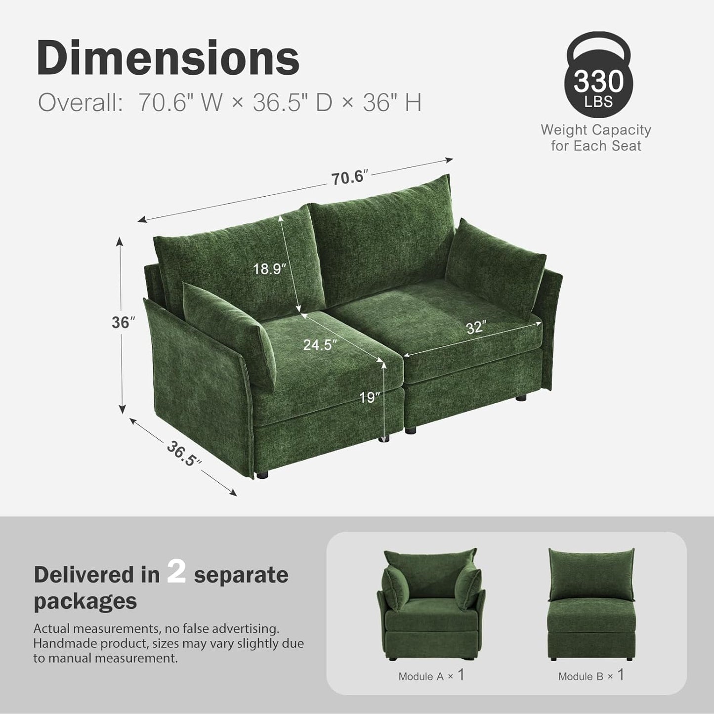 Oversized Loveseat Sofa, Modern Modular Sectional Couch Green Fluffy Chenille Mid Century 2-Seat 24.5" Deep Seat for Apartment, Living Room, Bedroom