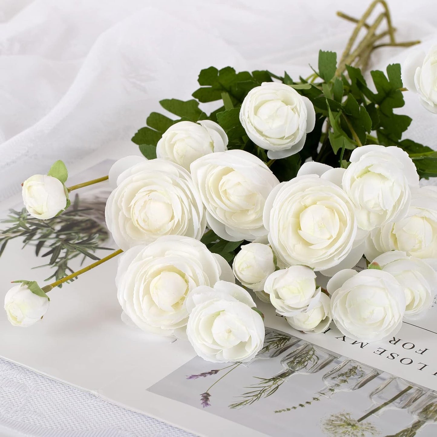 Silk Ranunculus Flowers 23.6 Inch Tall-5 Stems Artificial Buttercup Flowers for Wedding Bouquets, Centerpieces,Home Decor,Floral Arrangements (White,UV Resistant)