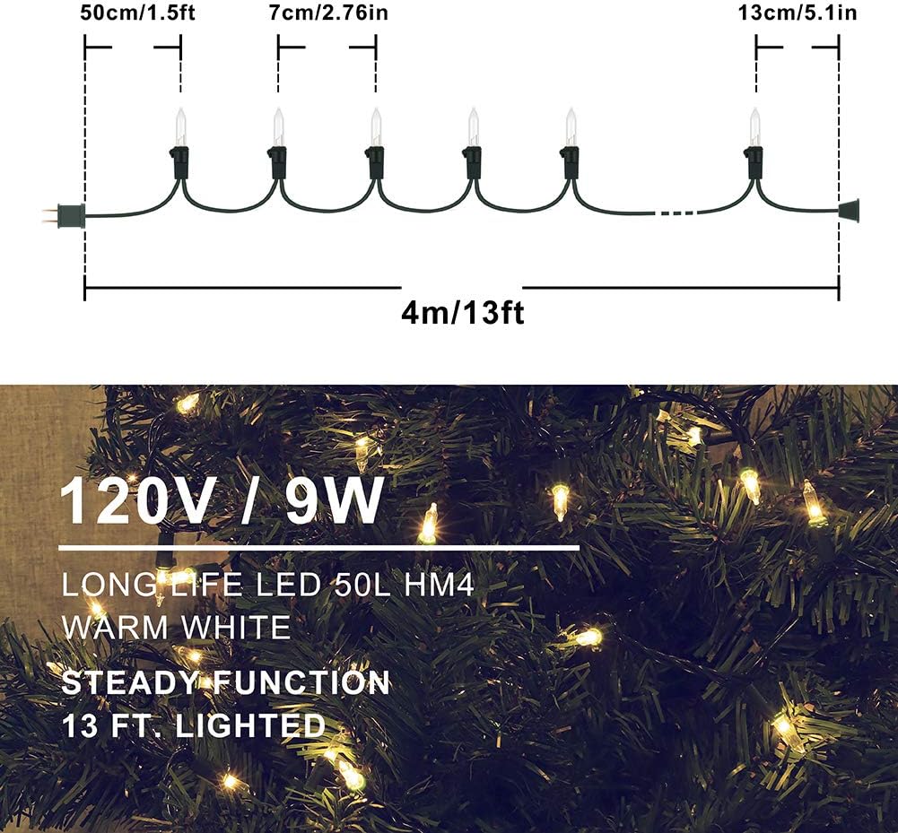 Hopolon 2-Pack 13ft 50-Count Warm White & Clear Green Christmas Lights - Connectable 120V UL Incandescent Mini Lights for Weddings, Bedrooms, Porches