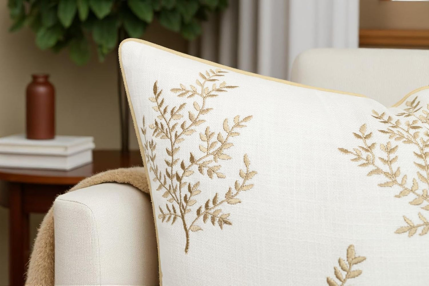VAGMINE Embroidered Leaves Throw Pillow Cover - 20x20 Inches Square - 100% Cotton Ivory Cushion Cover - Delicate Leaf Stitchwork - Chic Home Accent for Sofa, Lounge, Rustic Farmhouse Décor