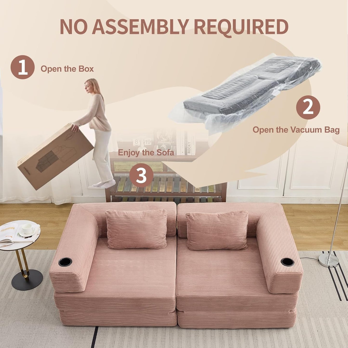 78" W Loveseat Sofa, 4 in 1 Convertible Floor Sofa Bed, Boneless Cloud Couch with Cup Holder, Fold Out Floor Couch, Loveseat Recliner Sleeper for Living Room Bedroom Lounge(Corduroy, White)