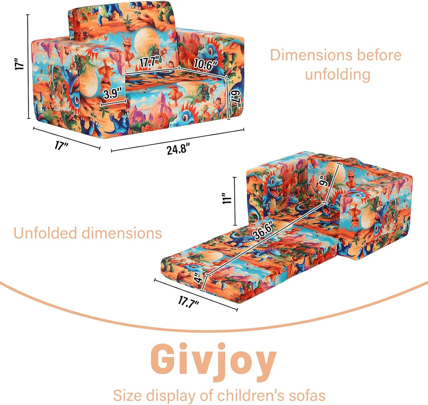 Toddler Chair Kids Couch, 2-in-1 Toddler Soft Sherpa Couch Fold Out Armchair with Removable Cover, Convertible Reading Chair Toddler Sofa for Kids, Orange Dinosaur