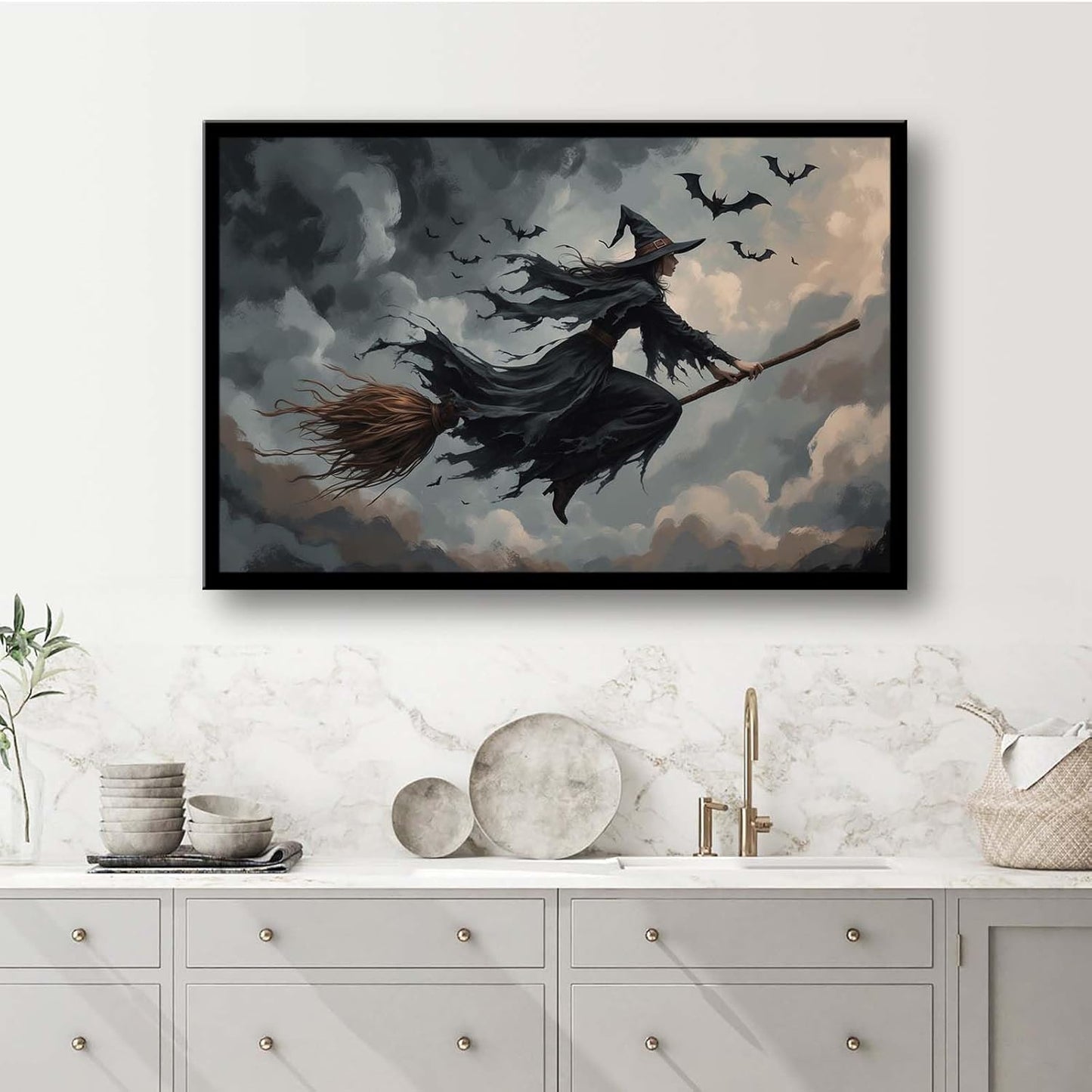JFHCQJPK Witch and bat flying Halloween poster suitable for home party wall decoration retro Halloween preppy style wall art canvas print suitable for room decoration8x12in Metal blackFramed