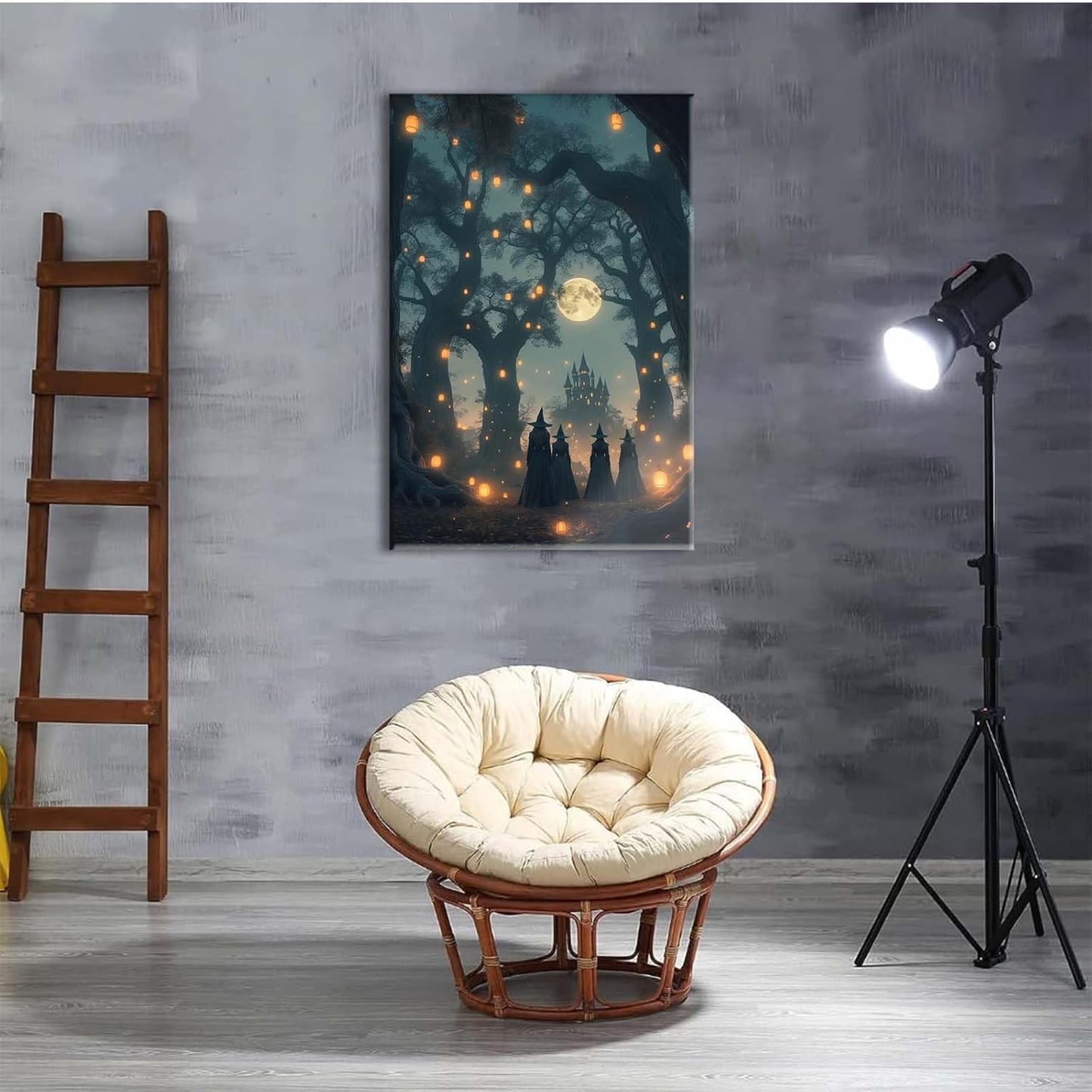 Mysterious creek painting witch and castle in magic forest art print canvas gothic print dark college decoration poster for home bedroom16x24in Wood Framed