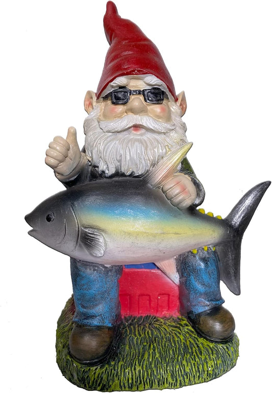 Fishing Gnome with Tuna Fish,Fishing Garden Gnomes Outdoor,Funny Garden Gnome 9“，Fishing Gnomes Decorations for Yard (Fishing Gnome)