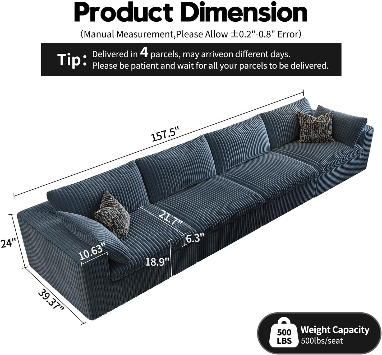 157.5" Cloud Couch Modular Sectional Sofa for Living Room,Modern Sofa with Deep Seat，4 Seater Boneless Couch,Comfy Upholstered Corduroy Couches for Apartment, Studio, Office,Bedroom，Blue