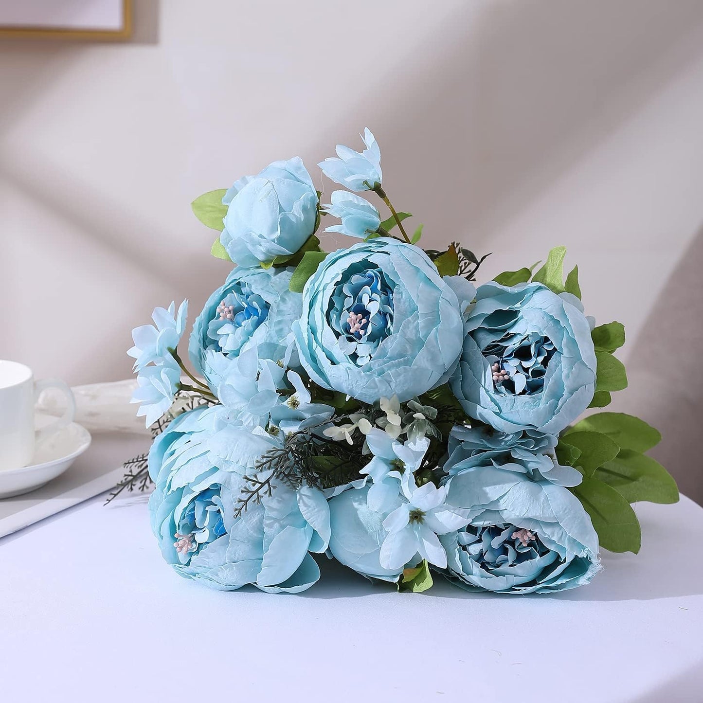 Duovlo Artificial Peony Silk Flowers Fake Flowers Vintage Wedding Home Decoration,Pack of 1 (Spring Blue)