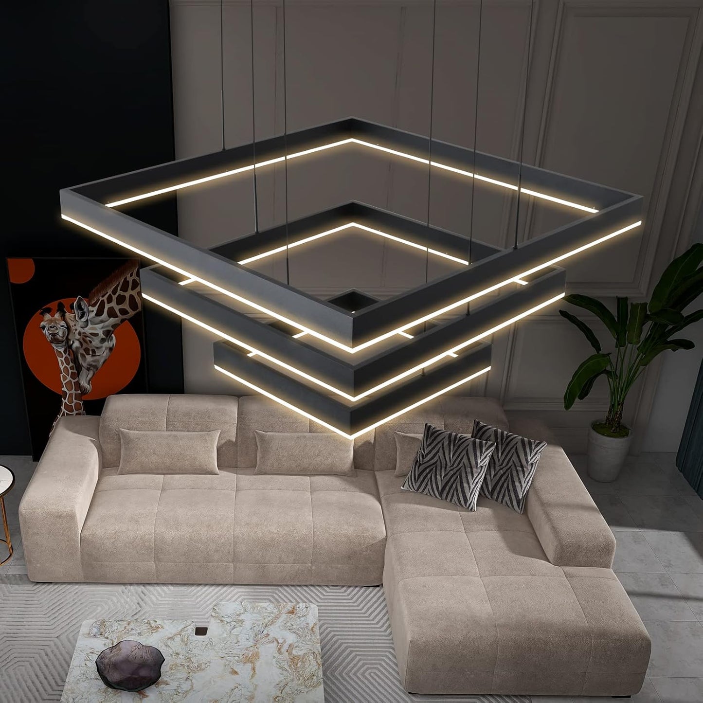 Modern LED Square Chandelier, 3 Ring Dimmable for Living, Dining, Bedroom & Foyer - High Ceiling Hanging LED Pendant Light Fixture (Black)