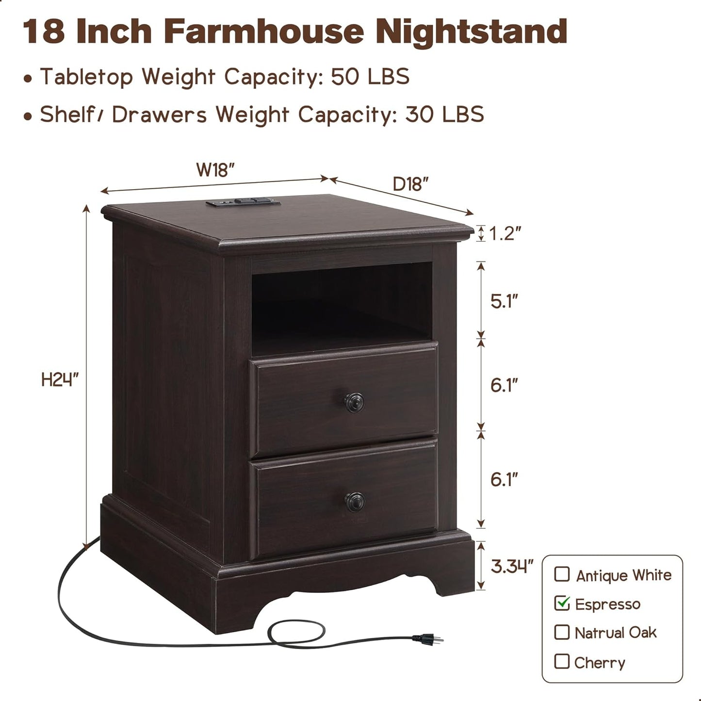 T4TREAM Nightstand with Charging Station, 18 Inch Vintage End Table with 2 Drawers for Living Room, Wood Rustic Sofa Side Table with Open Storage Shelf for Bedroom, Espresso