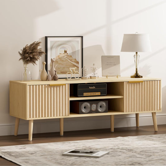 TV Stand for Living Room, Boho Entertainment Center for 55/60/65 inch TVs, Media Console with Fluted Door Cabinets and Open Shelves, for Bedroom, Oak