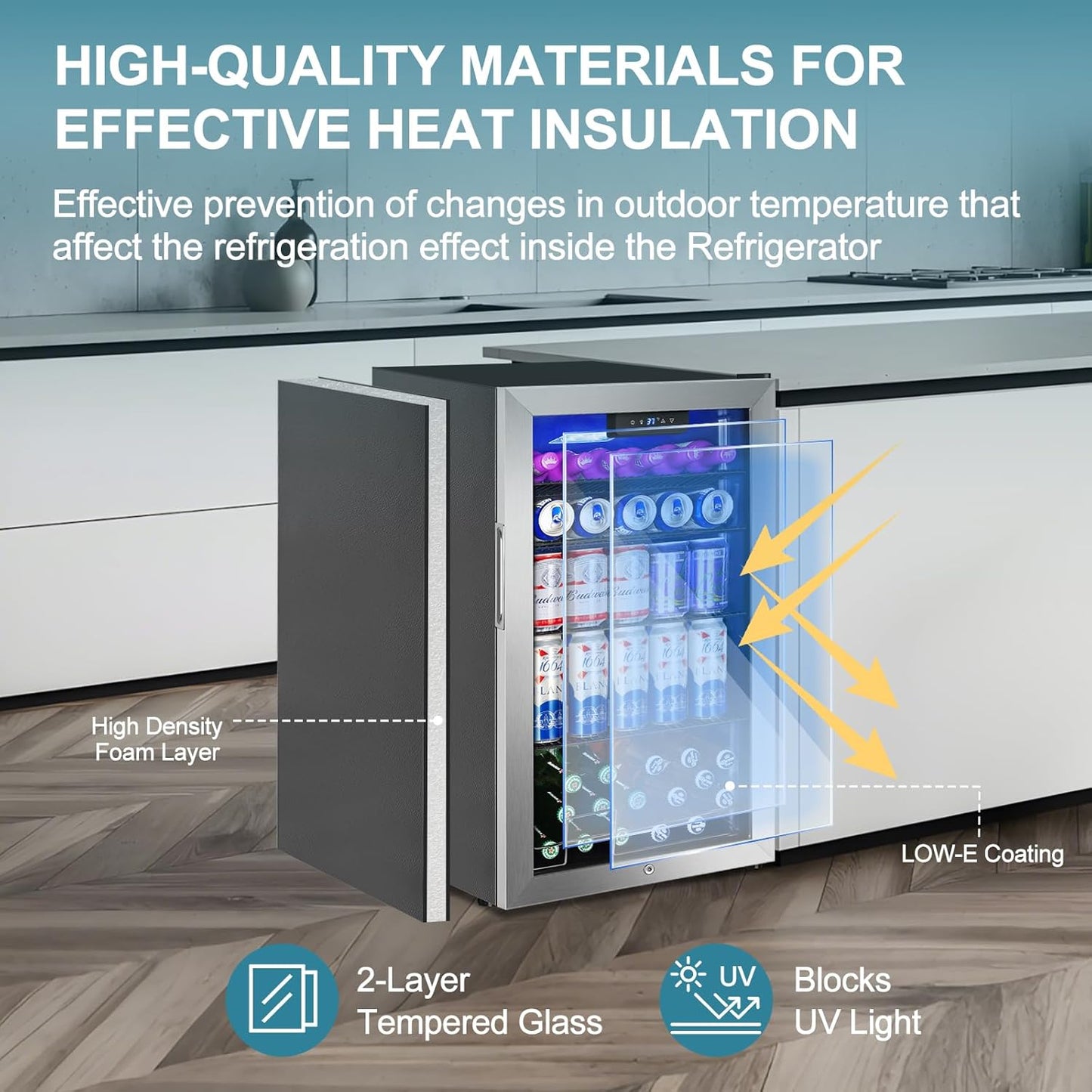 128 Cans Beverage Refrigerator Cooler, 3.2 Cu.Ft Mini Drink Fridge Glass Door for Drink Beer Soda Wine, Beer Fridge with 4 Removable Shelves for Kitchen Bedroom, Office Bar Gaming Room,Stainless Steel