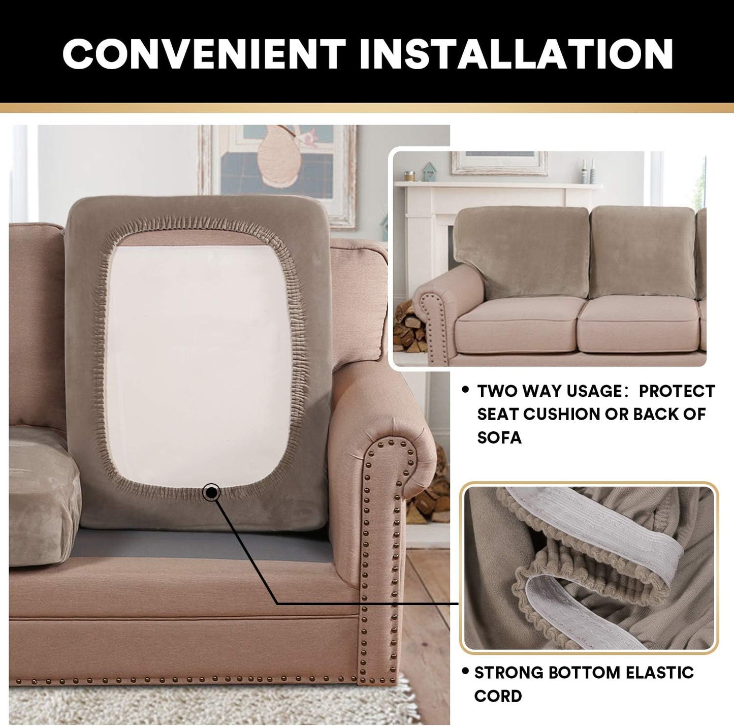 PrinceDeco Velvet Sofa Cushion Covers, Stretch Couch Cushion Covers for Individual Seat Couch Slipcover Sets Furniture Protector for Loveseat Sofa Cushion Width Up to 29.5", Taupe