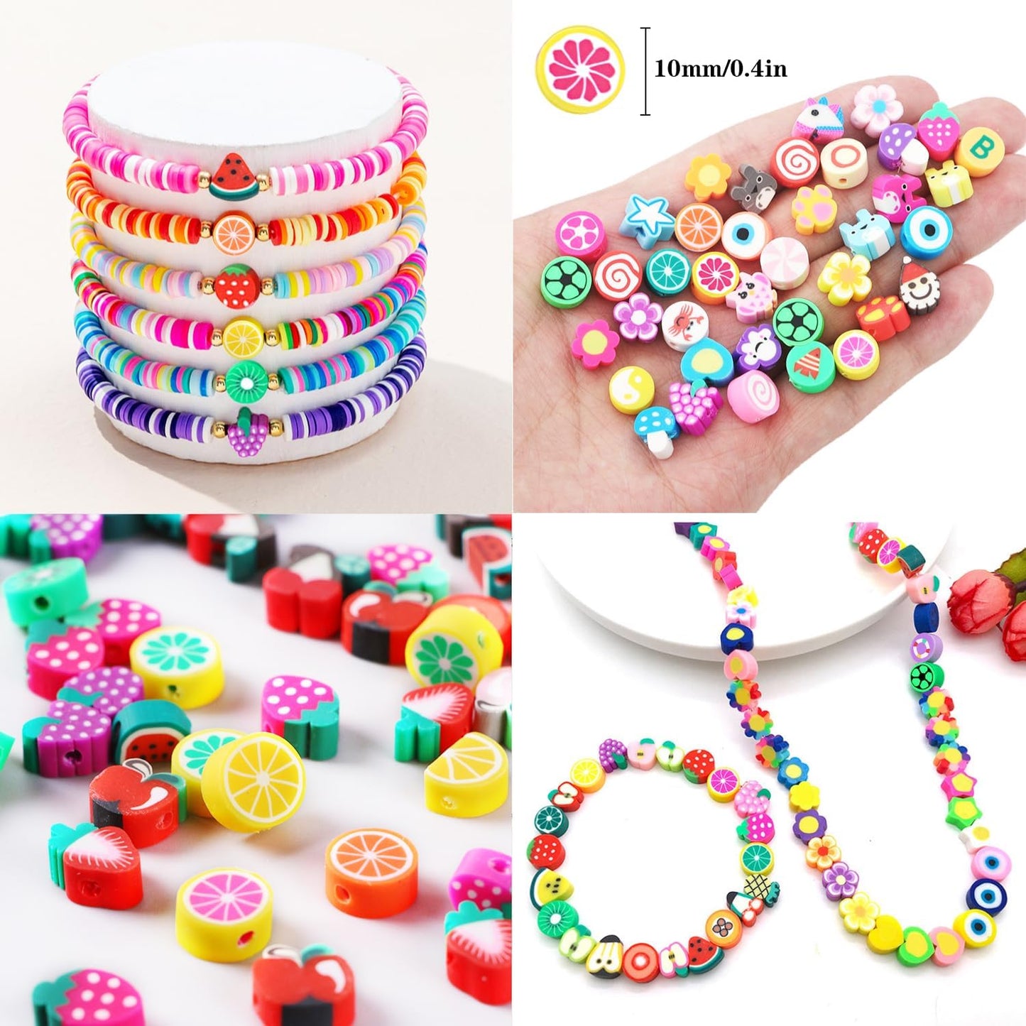 1000PCS Polymer Clay Beads Bracelet Making kit, 24 Style Cute Fun Beads Fruit Flower Animal Cake Butterfly Heart Beads Charms for Jewelry Necklace Earring Making DIY Accessories for Women Girls