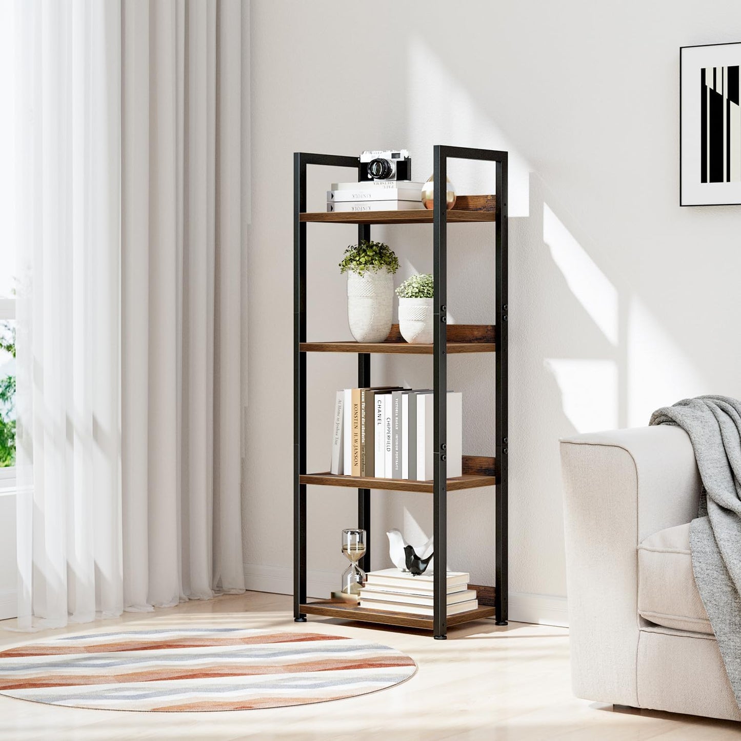 NUMENN Narrow Bookshelf, 4 Tier Bookshelves, Home Office Bookcase Shelf Storage Organizer, Free Standing Storage Shelving Unit for Bedroom, Living Room and Home Office, Vintage