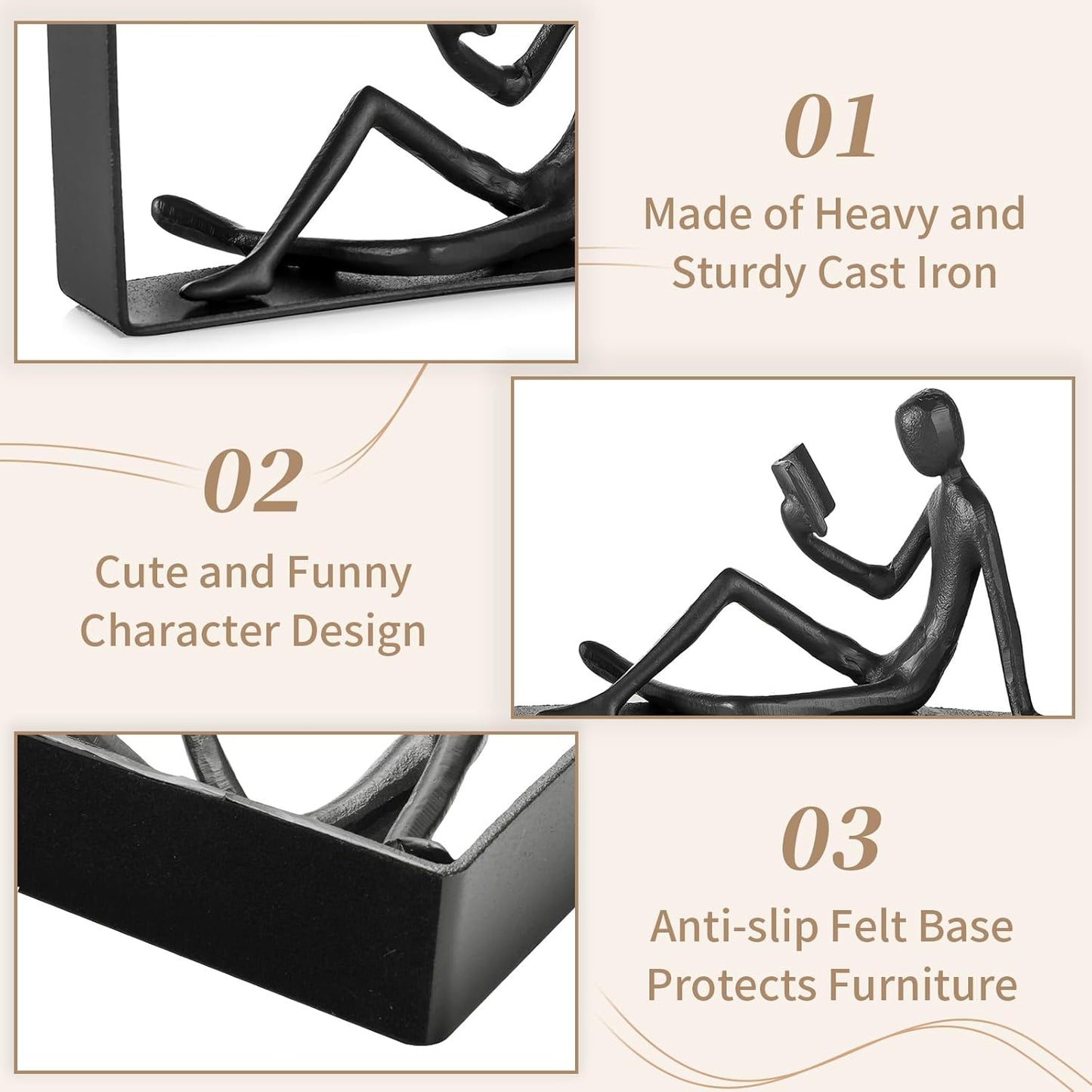 Sziqiqi Book Ends for Shelves Decorative: Cast Iron Bookends for Books Cute Statue Book Ends on Bookshelf Human Sculpture Decoration - Geometric Bookend Unique Gift for Shelves Room Office Decorative