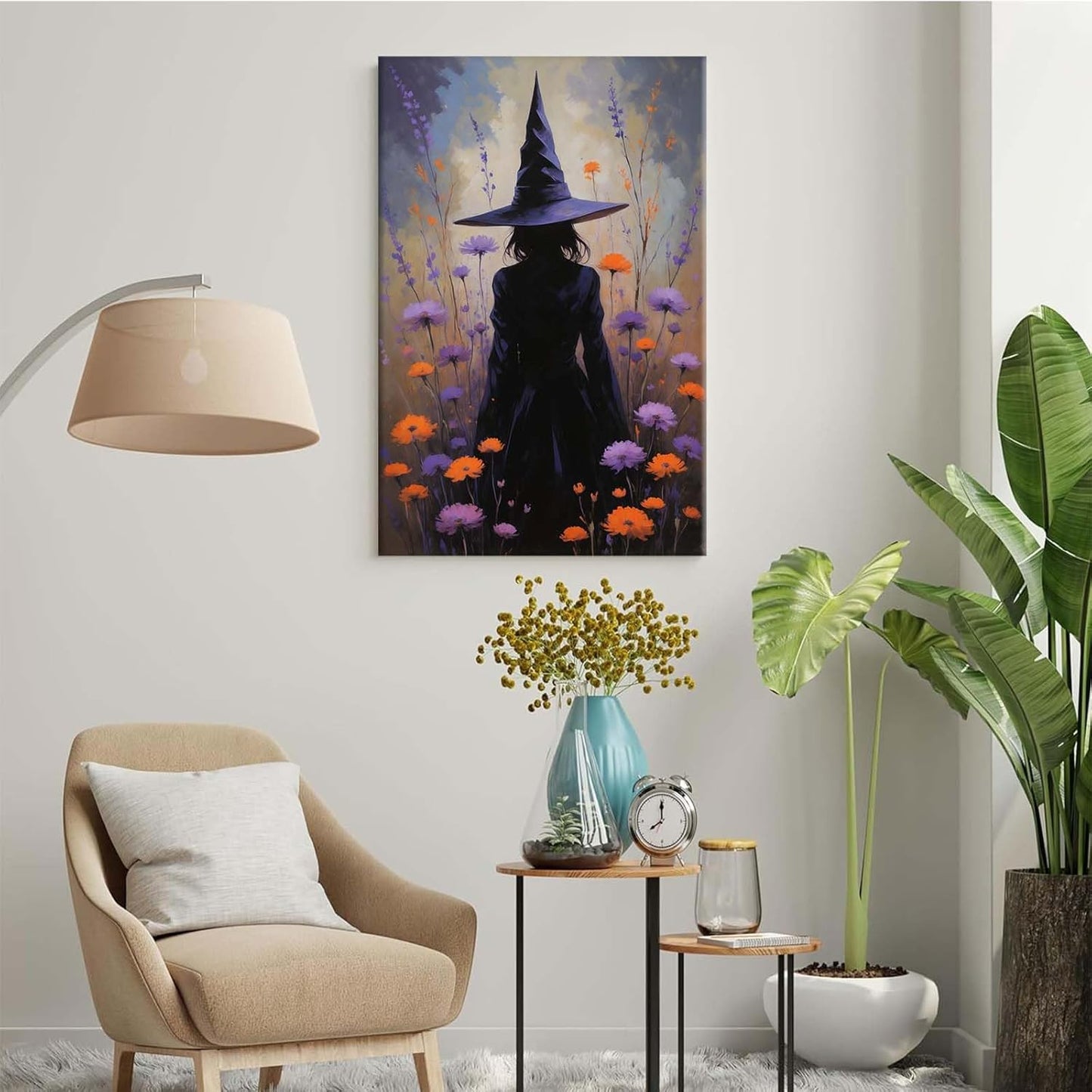 JFHCQJPK Country wildflower witch canvas print halloween mashup art witch purple decoration bohemian elegant art poster20x30in Frameless