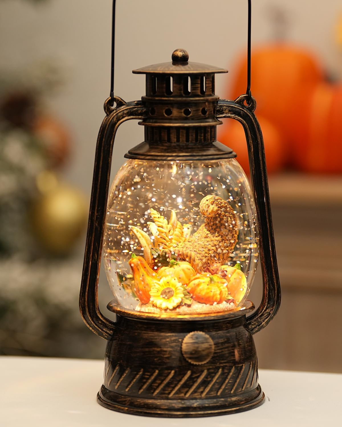 Fall Decorations for Home - Vintage Fall Snow Globe Lantern with 6H Timer,Pumpkin Sunflowers Scene Snow Globes USB or Battery Powered,Fall Decor for Fall Harvest Thanksgiving Autumn