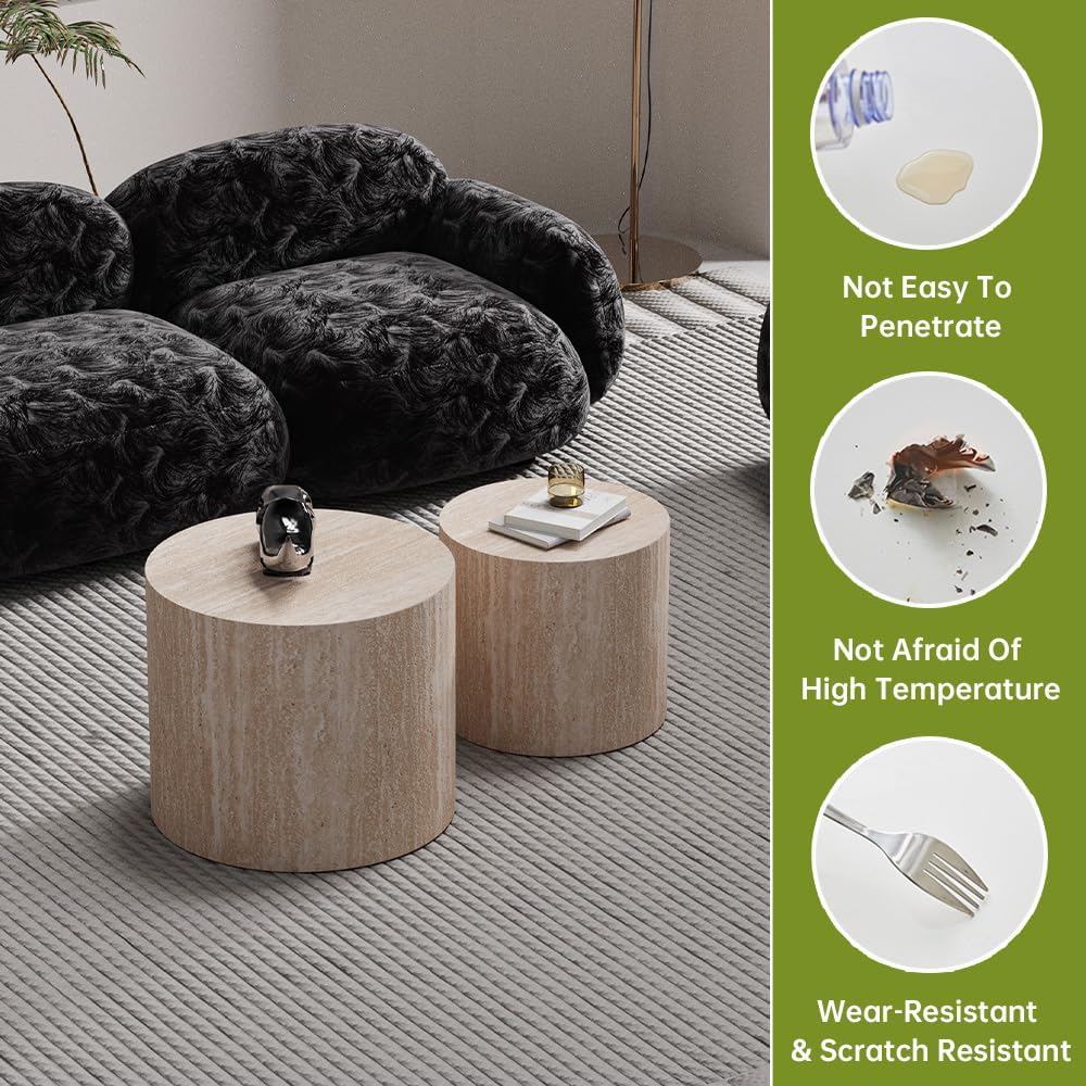 Round Nesting Coffee Tables Modern Travertine Coffee Table Small Round Coffee Tables Circular Side Table Accent End Table Nested Coffee Table Set for Living Room (Travertine)