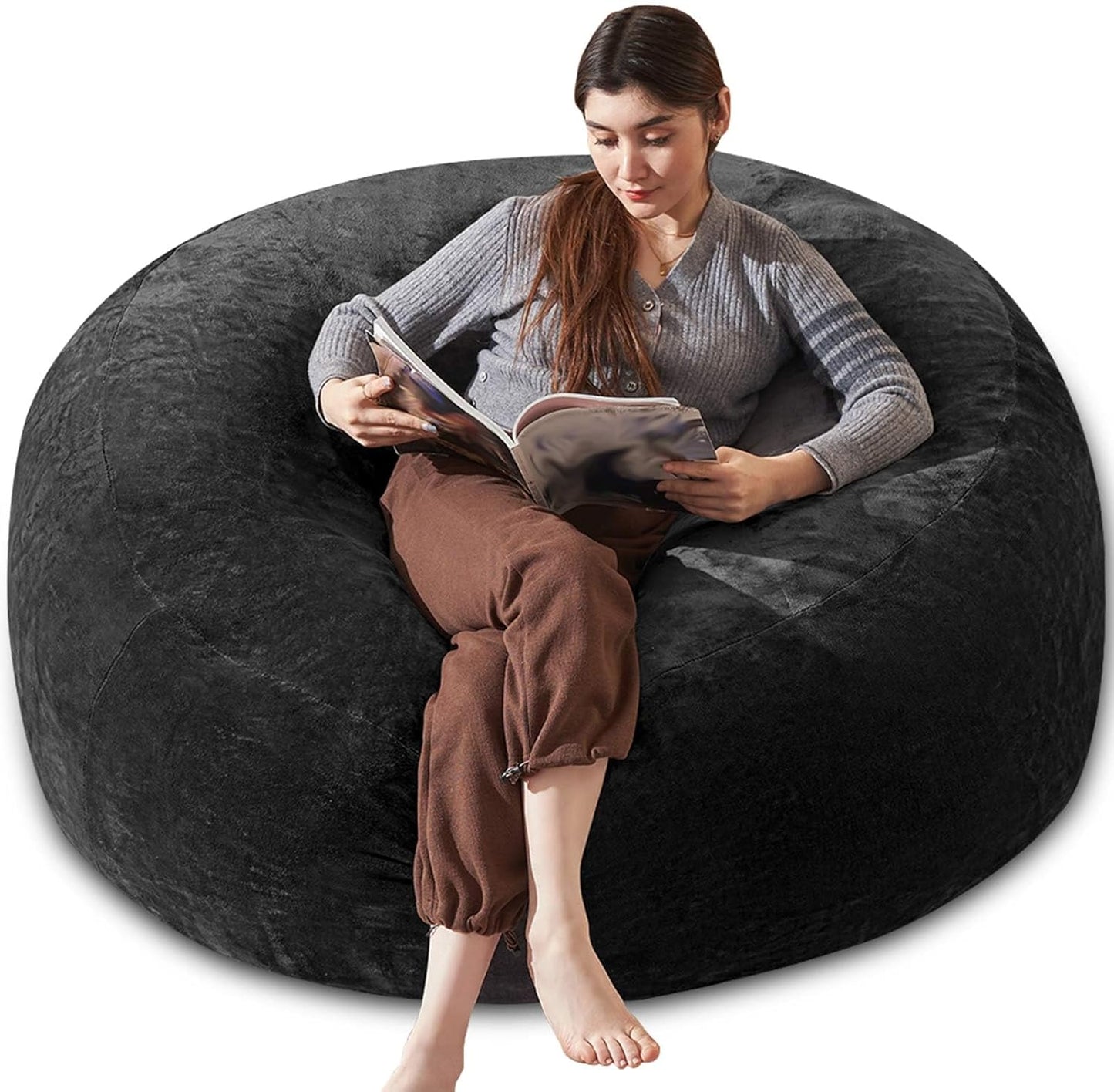 Bean Bag Chair 5Ft, Memory Foam Filled, Large Beanbag Chairs for Adults and Teens, Soft Sofa with Removable Flannel Cover, Round Couch for Living Room Bedroom College Dorm (Black, 5FT-60×60"×24")