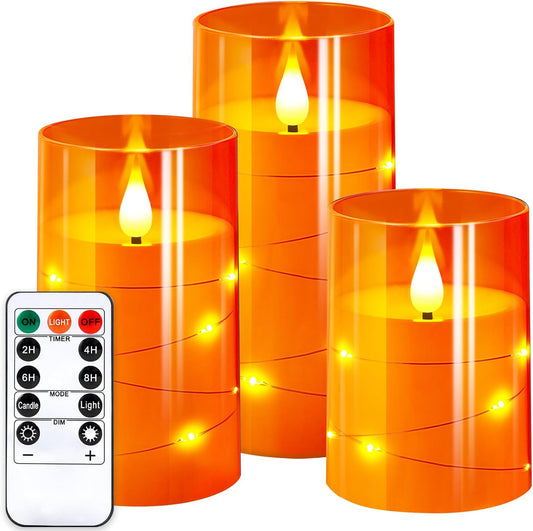 NURADA Flameless Candles with Remote Timers: Built-in Star String Lights 3D Wick Battery Operated Flickering LED Electric Candles for Halloween Thanksgiving Dinner Tables Fall Home Decor Orange 3 Pack