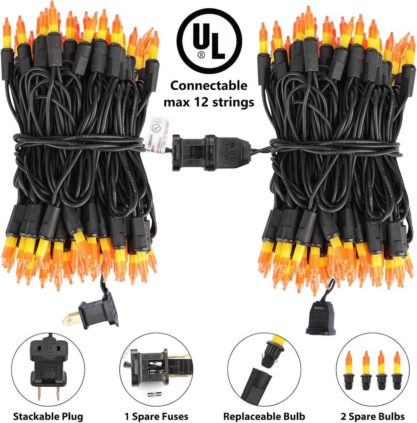 Toodour Candy Corn Halloween Lights, 12.5ft 50 Count Incandescent Halloween String Lights, UL Certified Connectable Mini Bulbs Yellow & Orange Light for Home, Garden, Porch, Party, Yard, Indoor Decor