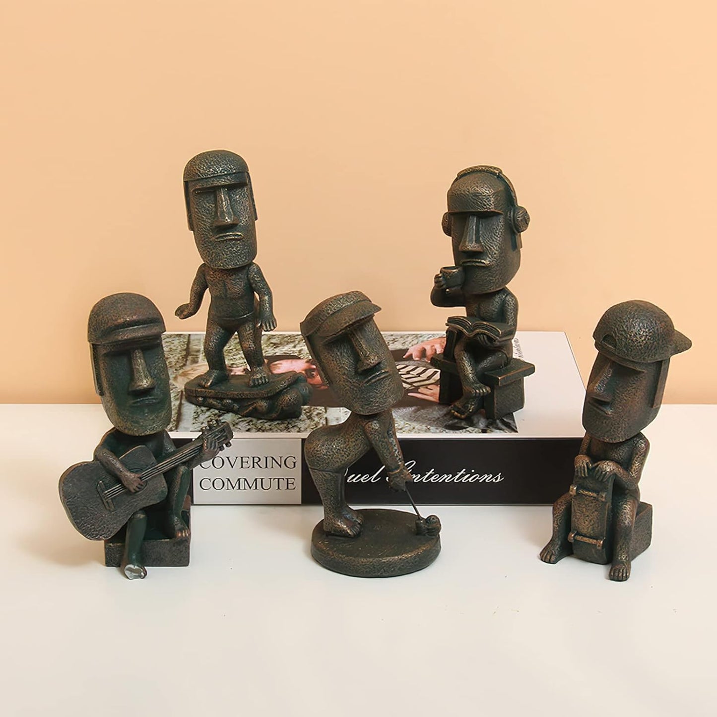 Moai Statue Decor - 6 Inch Easter Island Oranment Resin Stone Decoration for Room Accessories Antique Sculpture for Office Desktop (Play Golf)