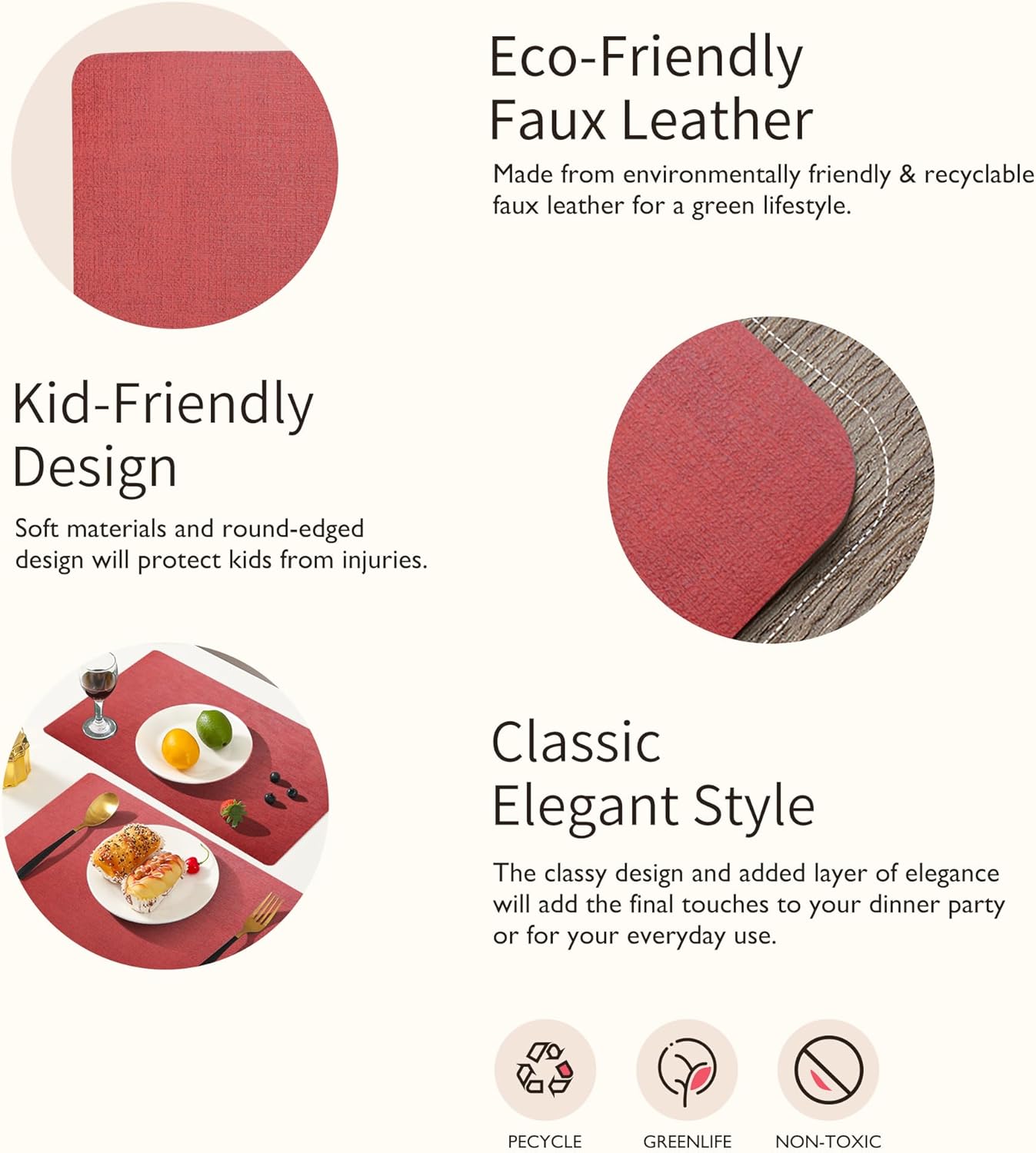Maxpearl Faux Leather Placemats Set of 6 - Waterproof - Wipe Clean - Heat Resistant - Anti Slip Dining Table Place Mats, Suitable for Indoor & Outdoor Use, 17’’x12’’, Red