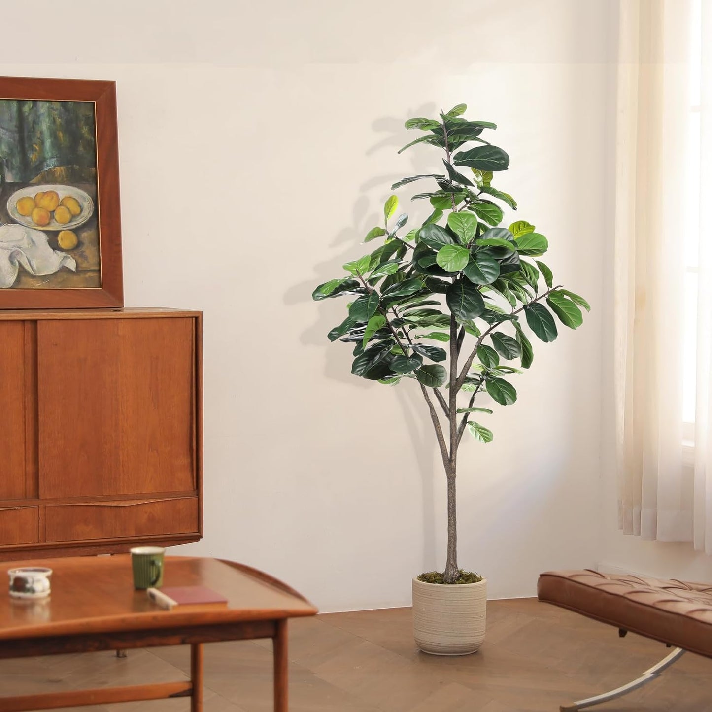Faux Fiddle Leaf Fig Tree 7ft - Artificial Ficus Lyrata Plant in Pot - Fake Fig Tree for Indoor Modern Home House Office