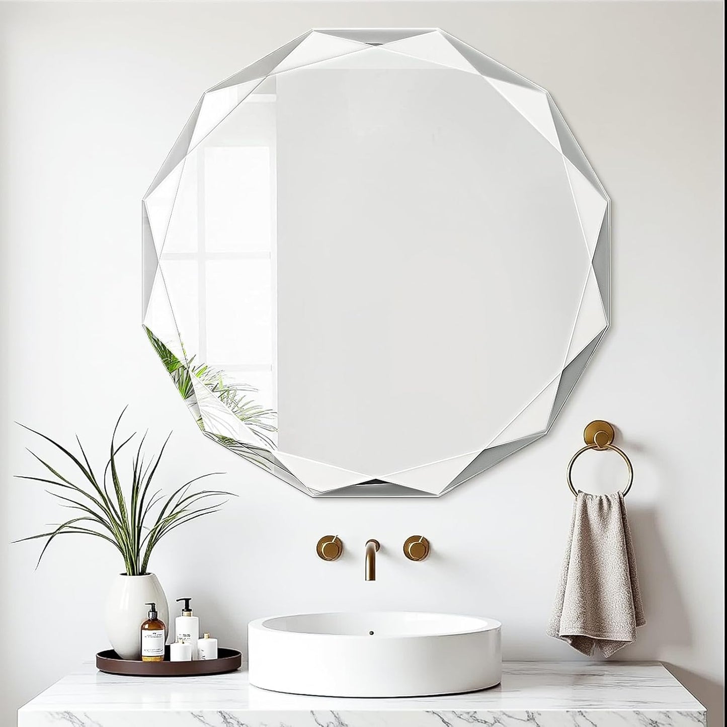 Bathroom Mirror for Wall, 24" x 24" Circle Bathroom Vanity Mirror, Beveled Edge Frameless Wall Mount Vanity Mirror, Decorative Round Irregular Beveled Edge